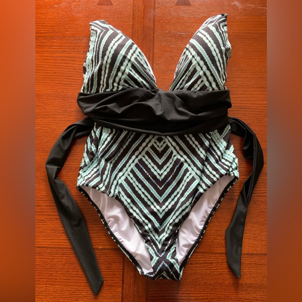 Deep V neck 1 piece swimsuit. NWOT Turquoise + black stripes with waist wrap